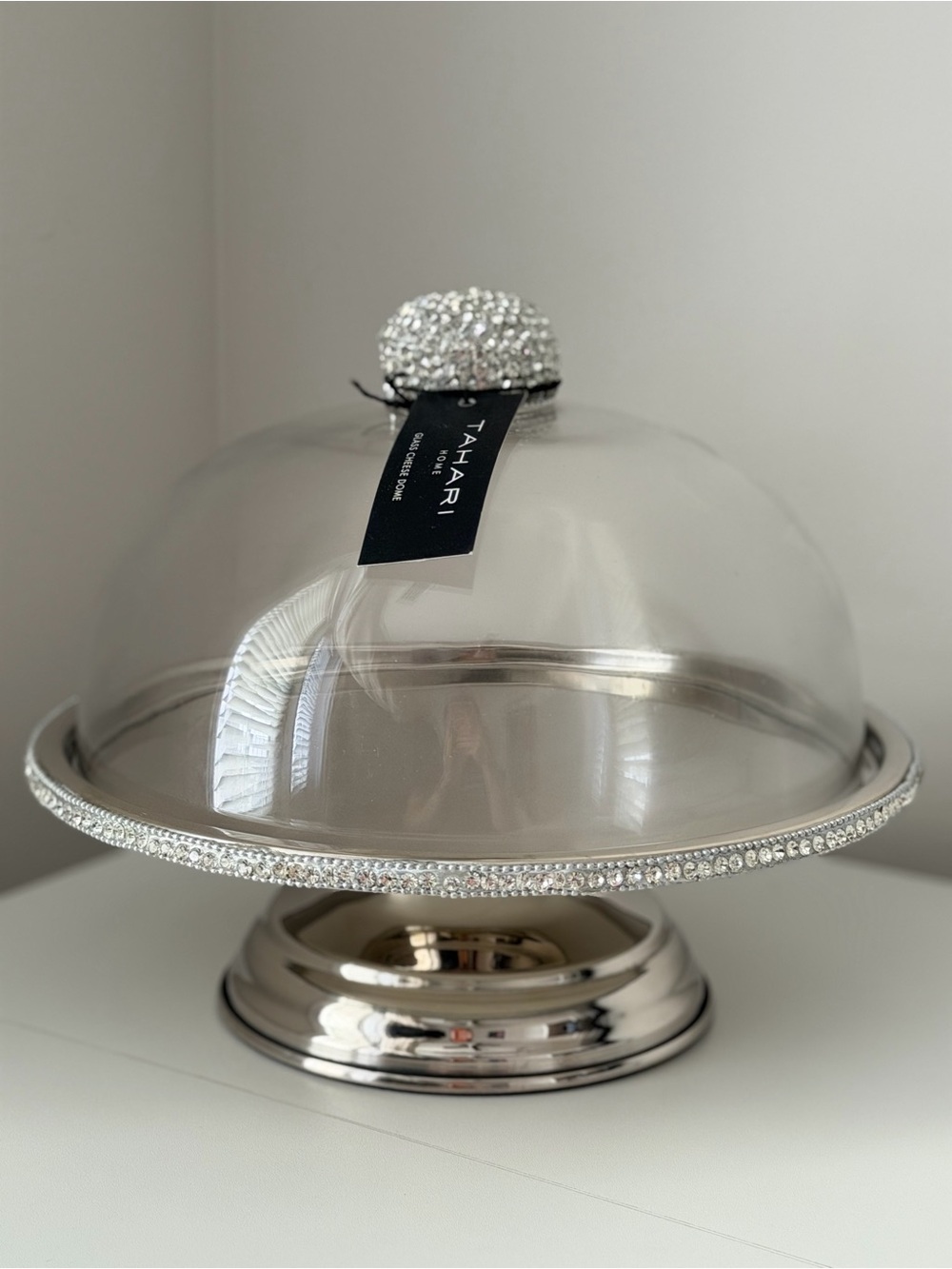 Tahari Home Glass Cheese Dome Cake Stand Silver Crystal Rhinestone Serving Tray